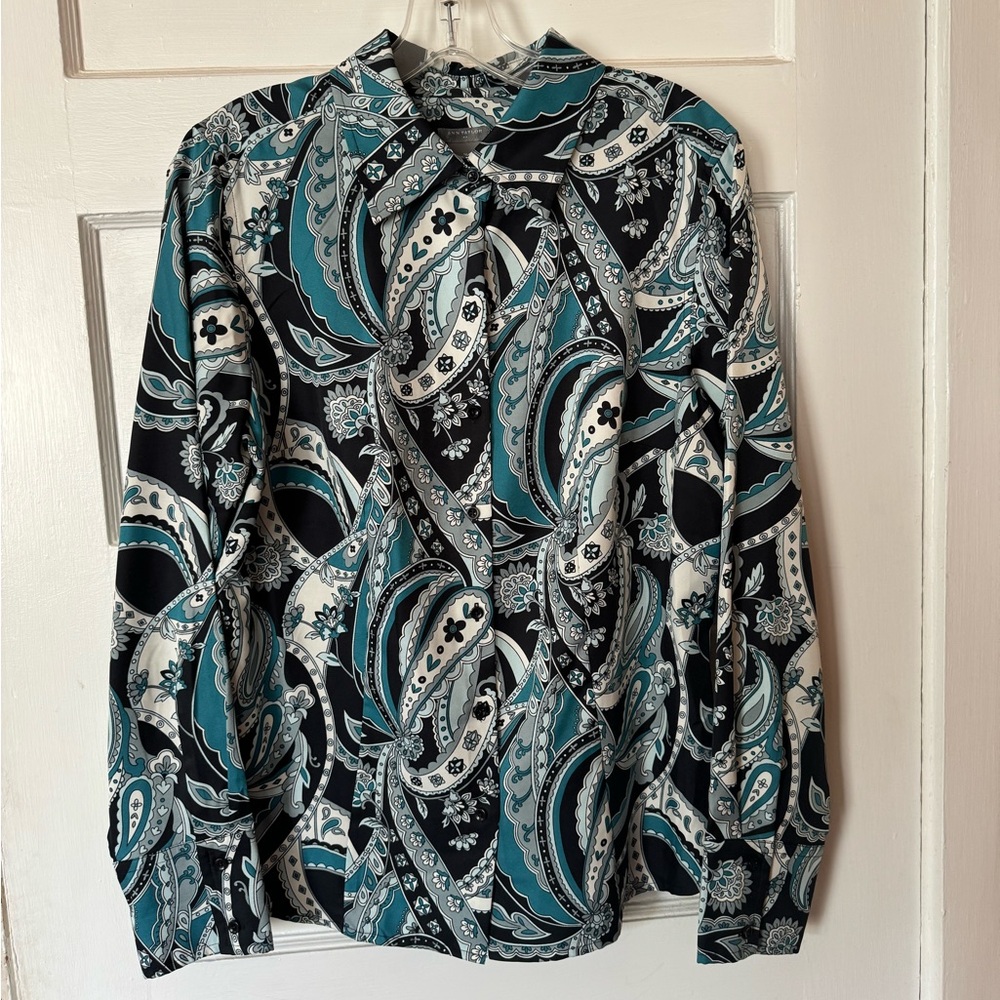 Ann Taylor paisley teal and black long sleeve blouse size 12